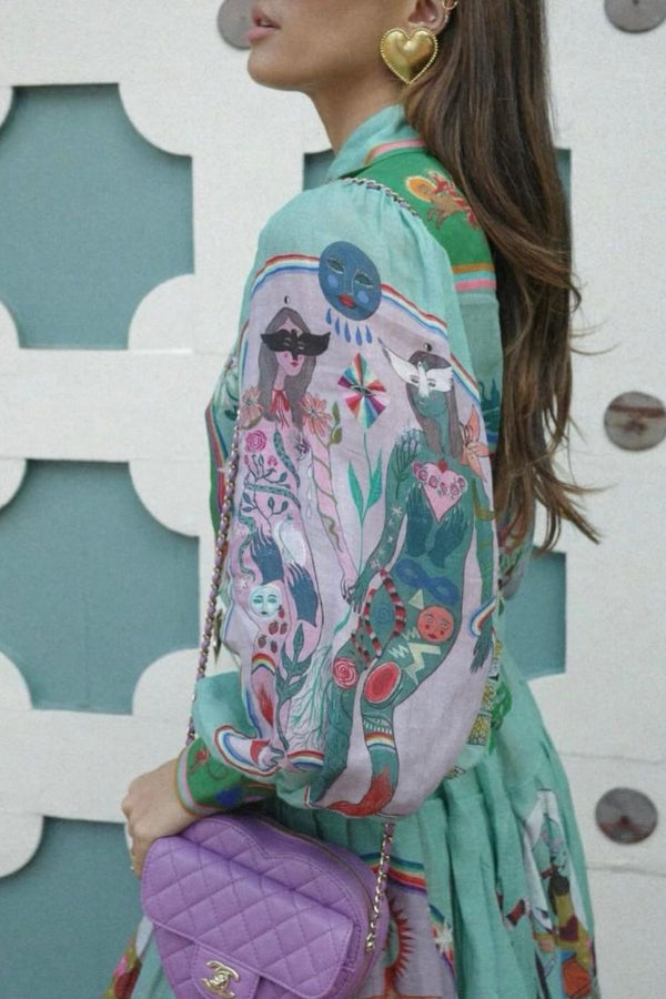 Abito Camicia Midi con Stampa Artistica, Maniche a Palloncino e Cintura in Contrasto