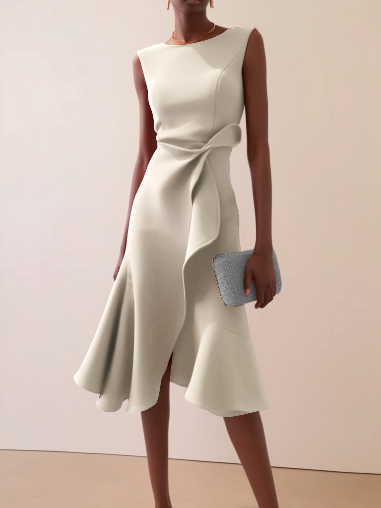 Abito Midi Elegante Senza Maniche con Nodo in Vita