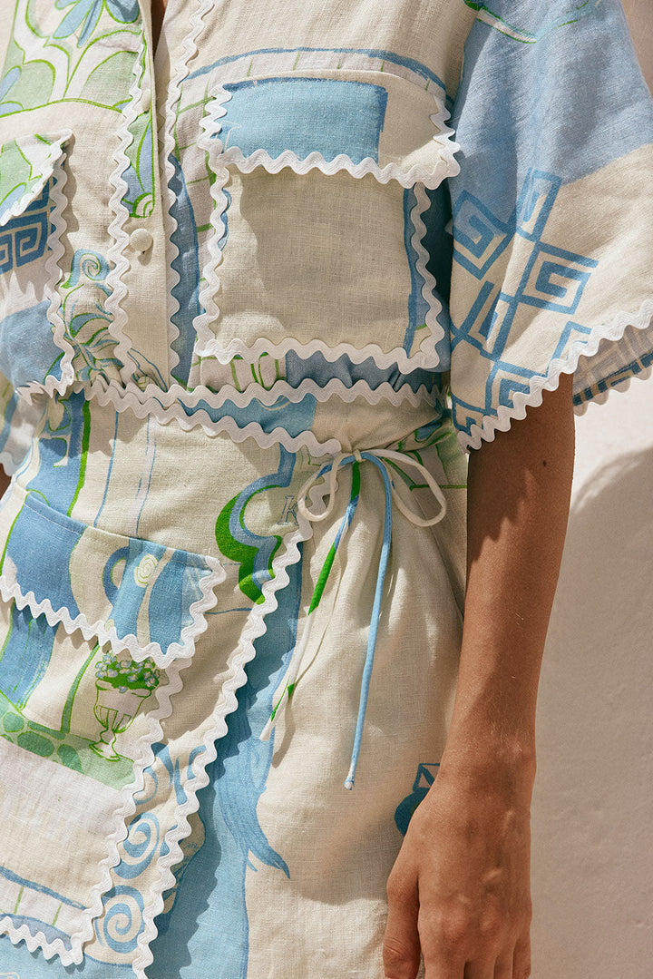 Pierre – Completo con Camicia Stampata a Maniche Corte e Gonna Mini con Nodo Laterale e Profili Ondulati