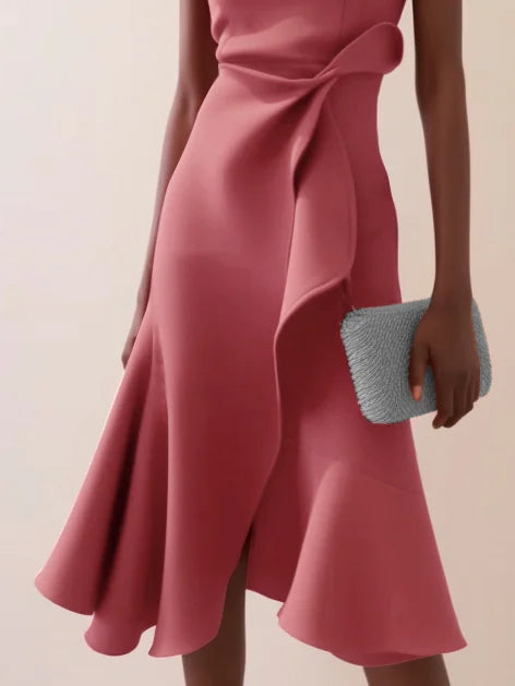 Abito Midi Elegante Senza Maniche con Nodo in Vita