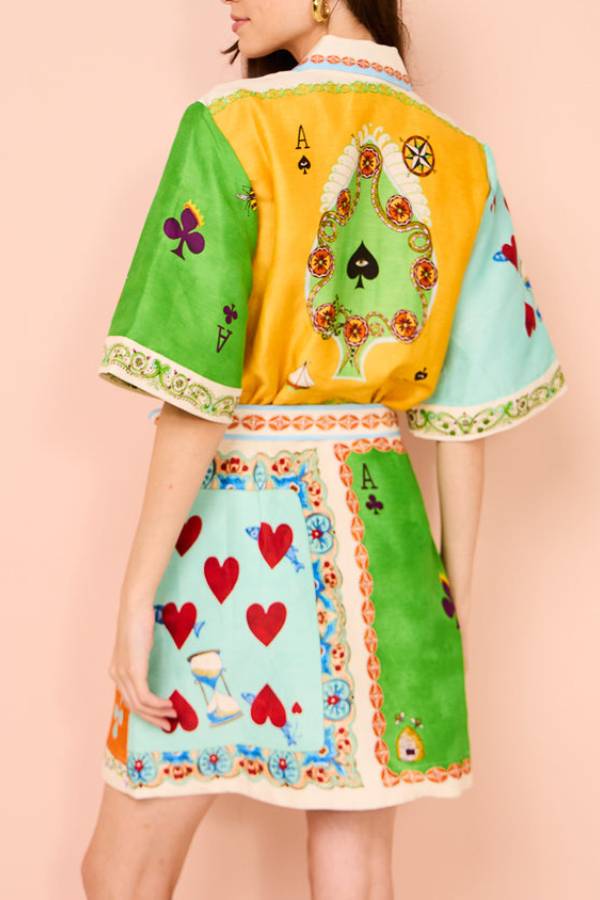 Abito Camicia Mini con Stampa Patchwork e Maniche Ampie