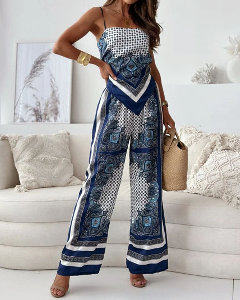 Completo Due Pezzi con Top a Spalline e Pantaloni Stampati