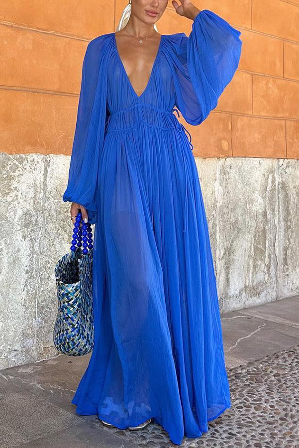 Abito Lungo Blu con Maniche a Palloncino e Vita Arricciata