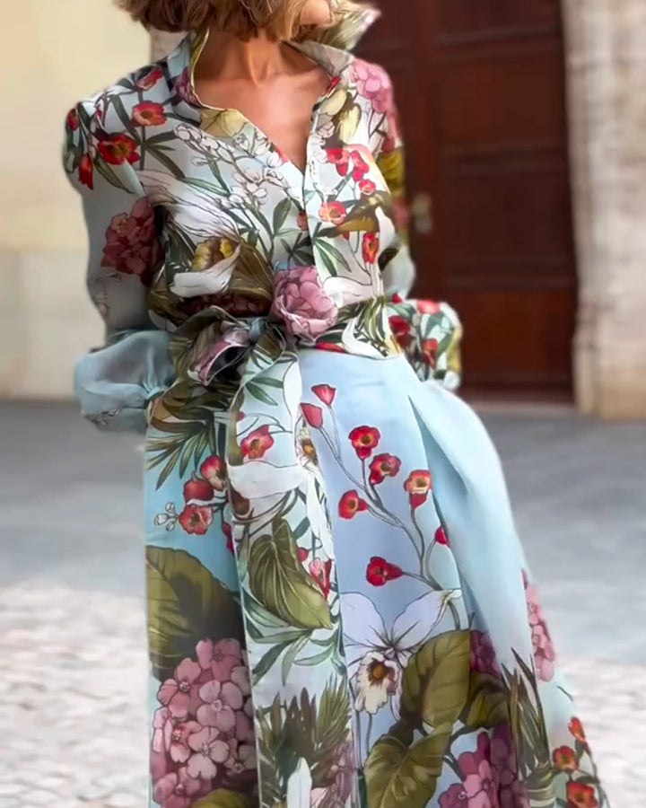 Completo Due Pezzi Elegante con Camicia Stampata e Gonna
