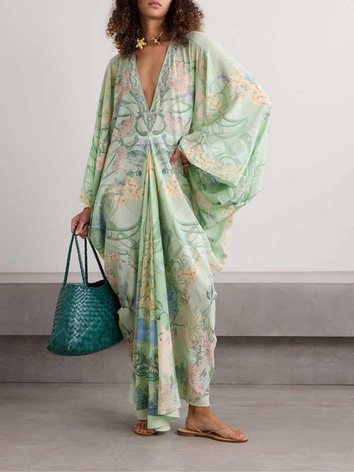 Abito Midi Oversize con Scollo a V e Stampa Floreale
