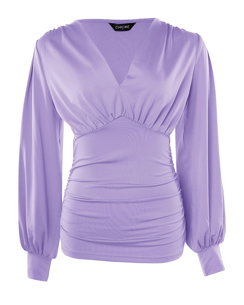 Blusa Elegante con Scollo Profondo, Maniche a Lanterna e Arricciature Laterali