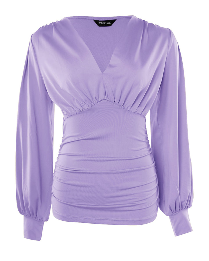 Blusa Elegante con Scollo Profondo, Maniche a Lanterna e Arricciature Laterali