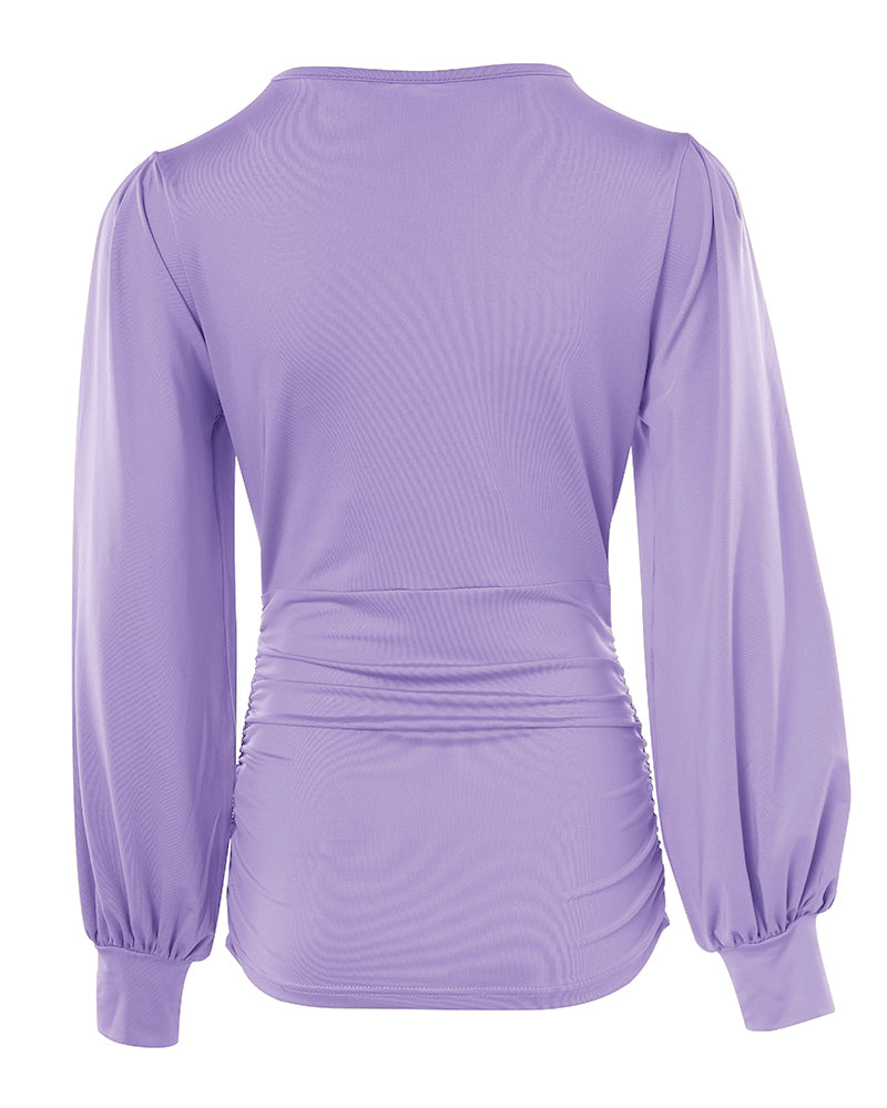 Blusa Elegante con Scollo Profondo, Maniche a Lanterna e Arricciature Laterali