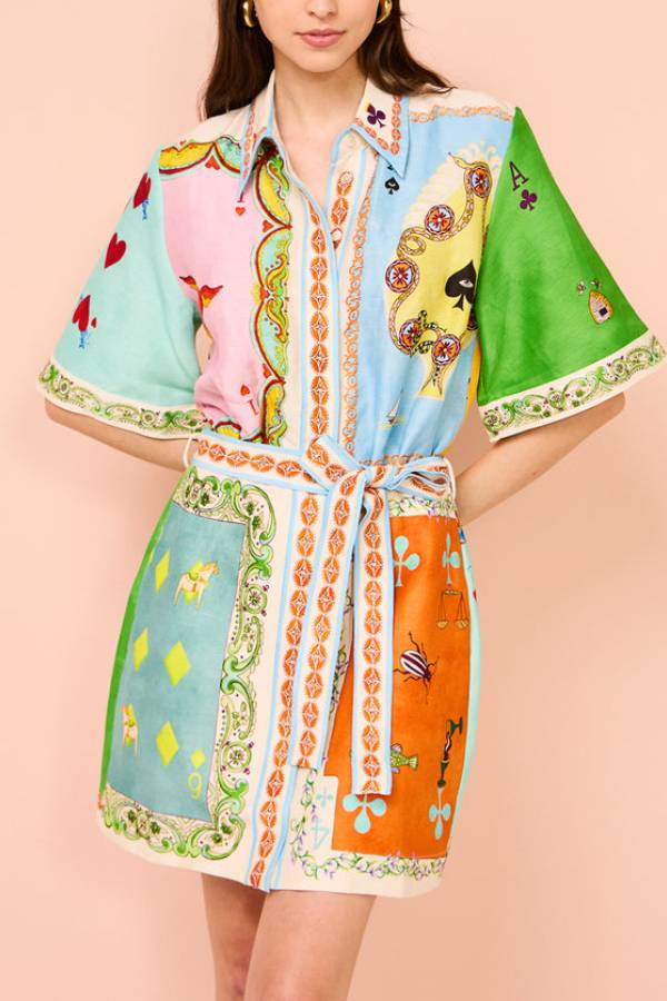 Abito Camicia Mini con Stampa Patchwork e Maniche Ampie