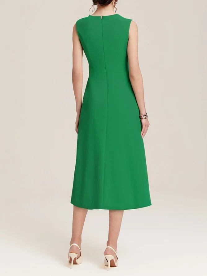 Abito Midi Elegante Senza Maniche con Nodo in Vita