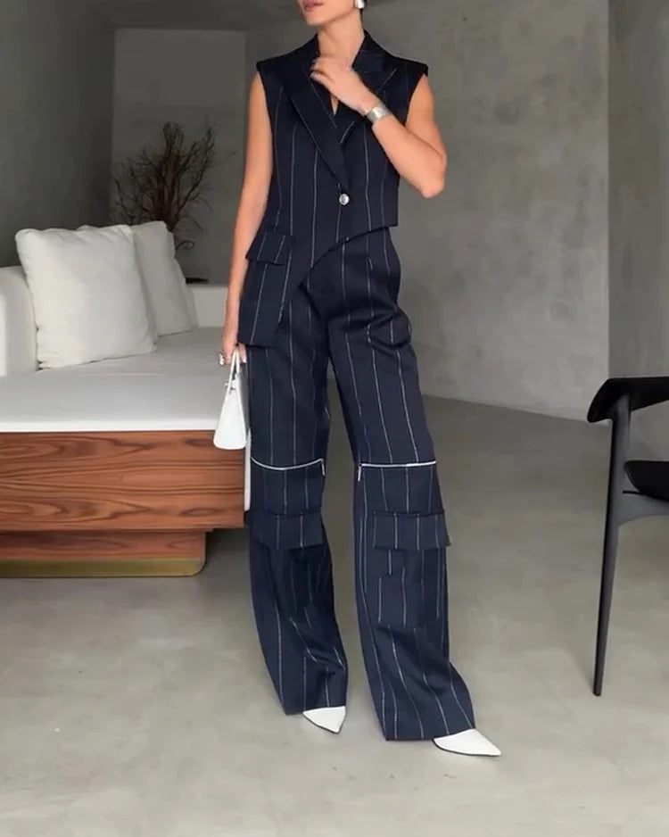 Completo Donna con Gilet Senza Maniche e Pantaloni a Righe