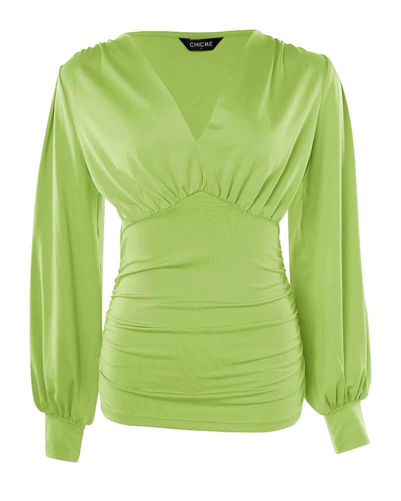 Blusa Elegante con Scollo Profondo, Maniche a Lanterna e Arricciature Laterali