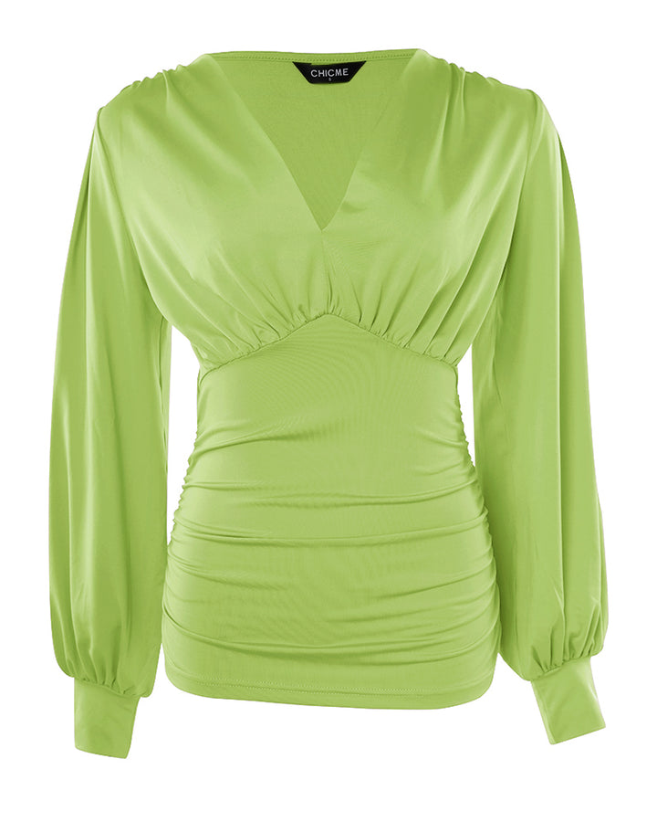 Blusa Elegante con Scollo Profondo, Maniche a Lanterna e Arricciature Laterali