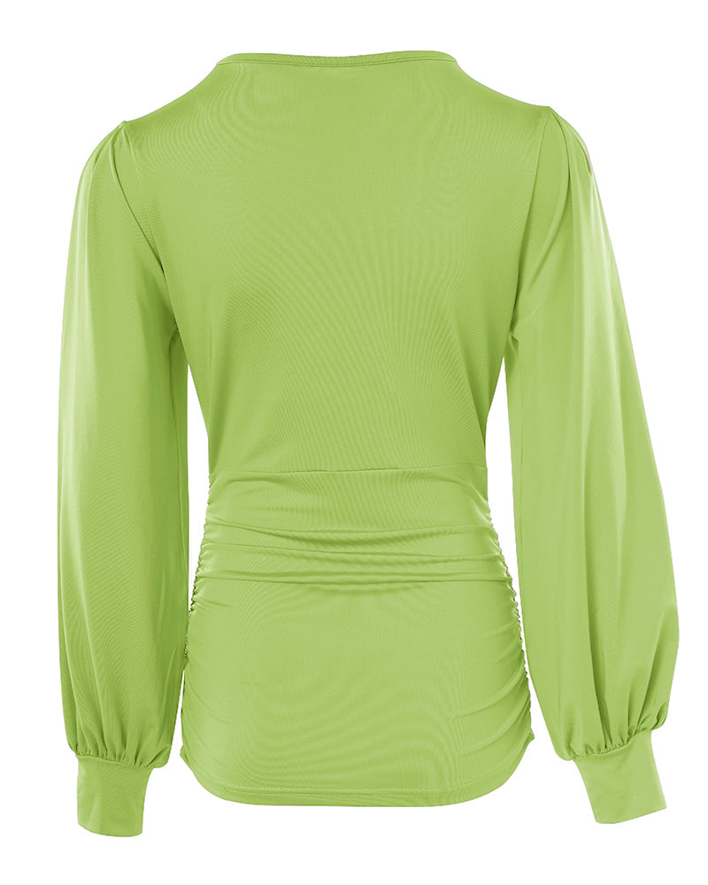Blusa Elegante con Scollo Profondo, Maniche a Lanterna e Arricciature Laterali