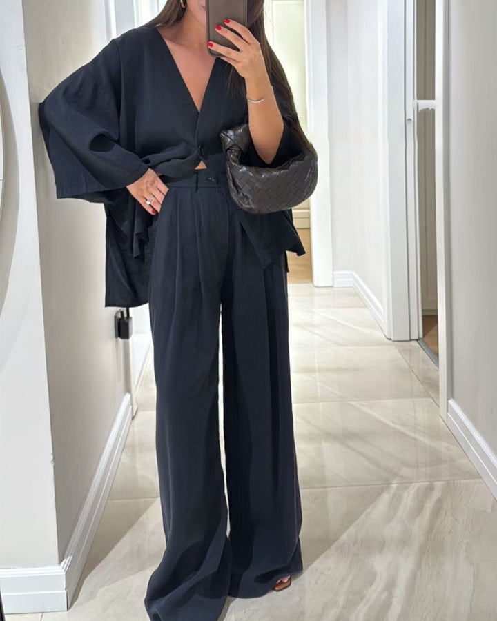 Completo Due Pezzi Casual con Top Scollo a V e Pantaloni Larghi