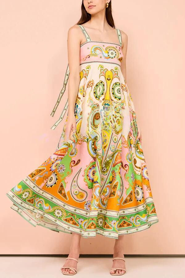 Abito Maxi con Spalline Annodate e Stampa Esclusiva