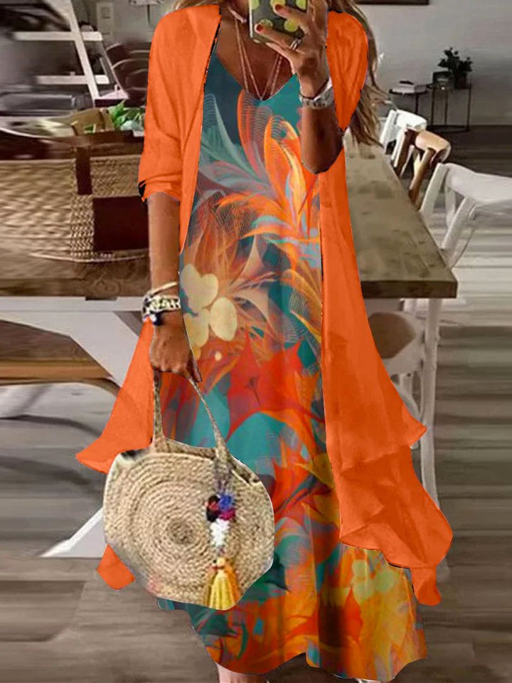 Completo Due Pezzi: Vestito Maxi con Stampa Floreale Giovane e Giacca Leggera