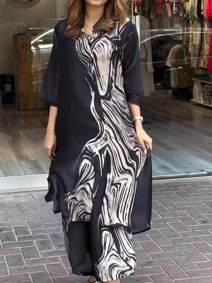 Completo Due Pezzi con Camicia Stampata e Pantaloni – Eleganza Casual per l'Autunno/Inverno