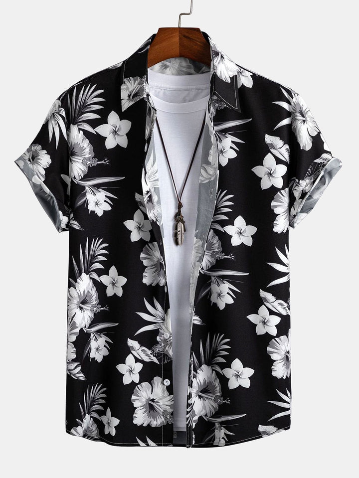 Completo Floreale Tropicale Nero con Camicia e Pantaloncini