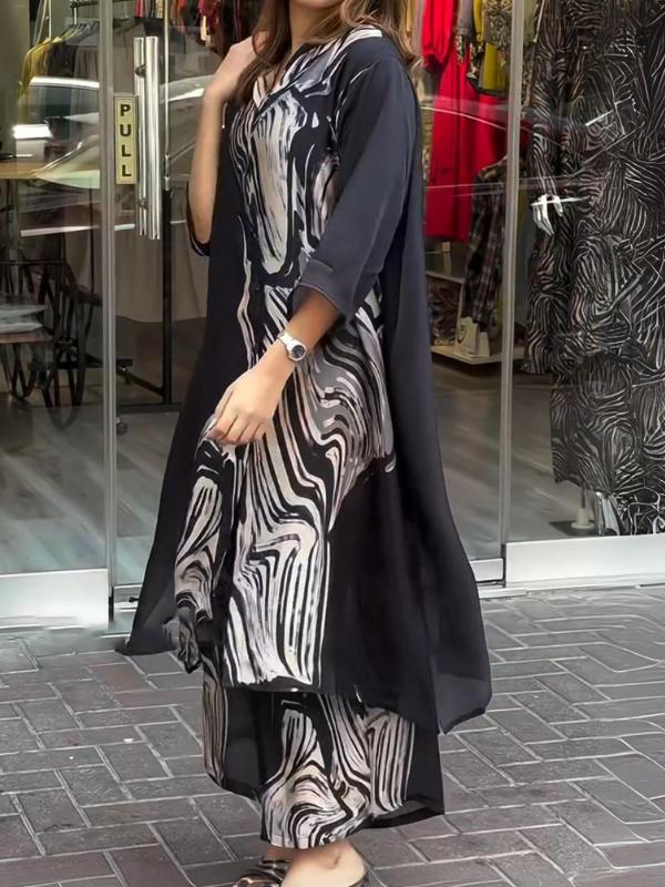 Completo Due Pezzi Casual con Camicia Lunga e Pantaloni Stampati
