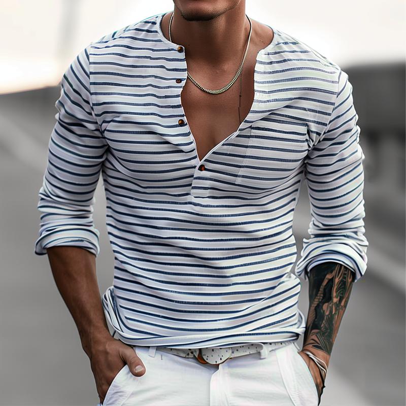 T-Shirt da Uomo a Maniche Lunghe – Colletto Henley e Fantasia a Righe