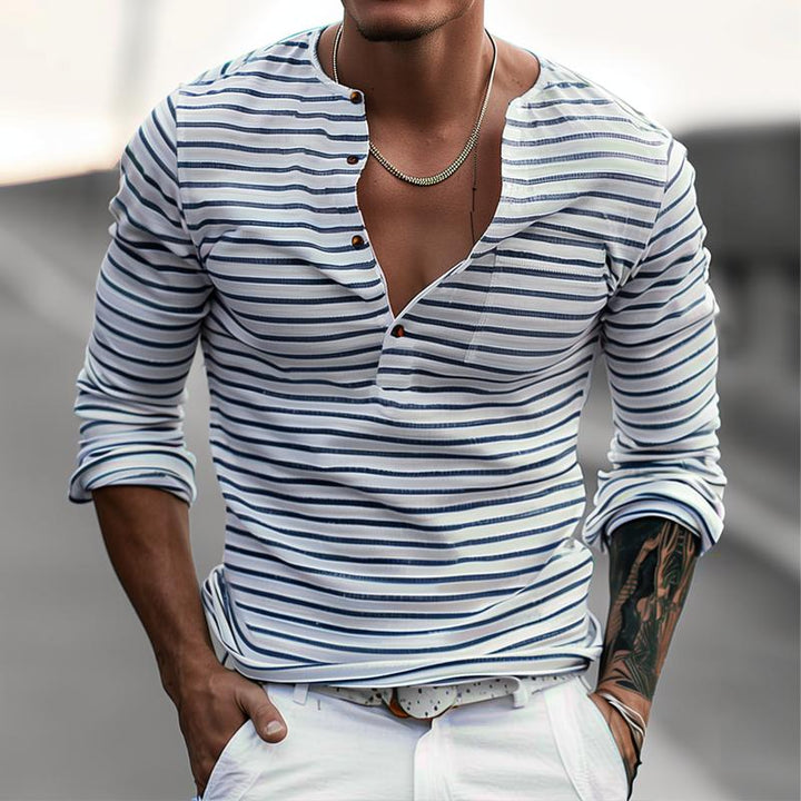 T-Shirt da Uomo a Maniche Lunghe – Colletto Henley e Fantasia a Righe