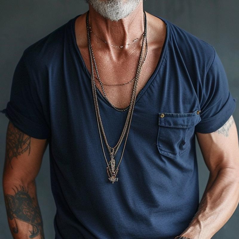 T-Shirt da Uomo con Scollo a V, Taschino Cargo e Maniche Corte