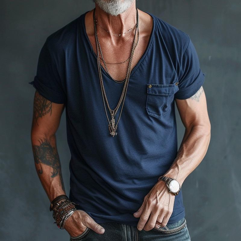 T-Shirt da Uomo con Scollo a V, Taschino Cargo e Maniche Corte