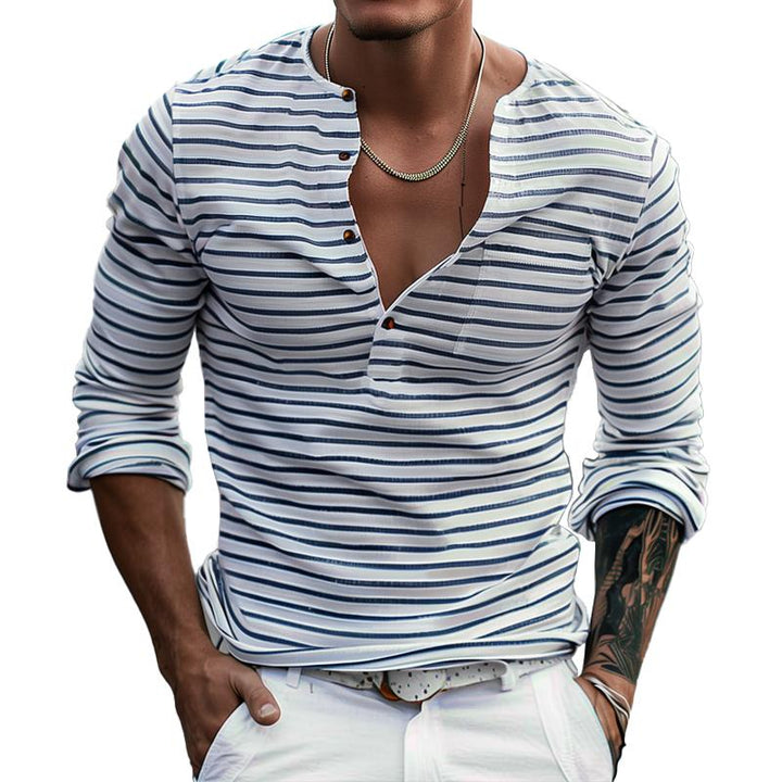 T-Shirt da Uomo a Maniche Lunghe – Colletto Henley e Fantasia a Righe