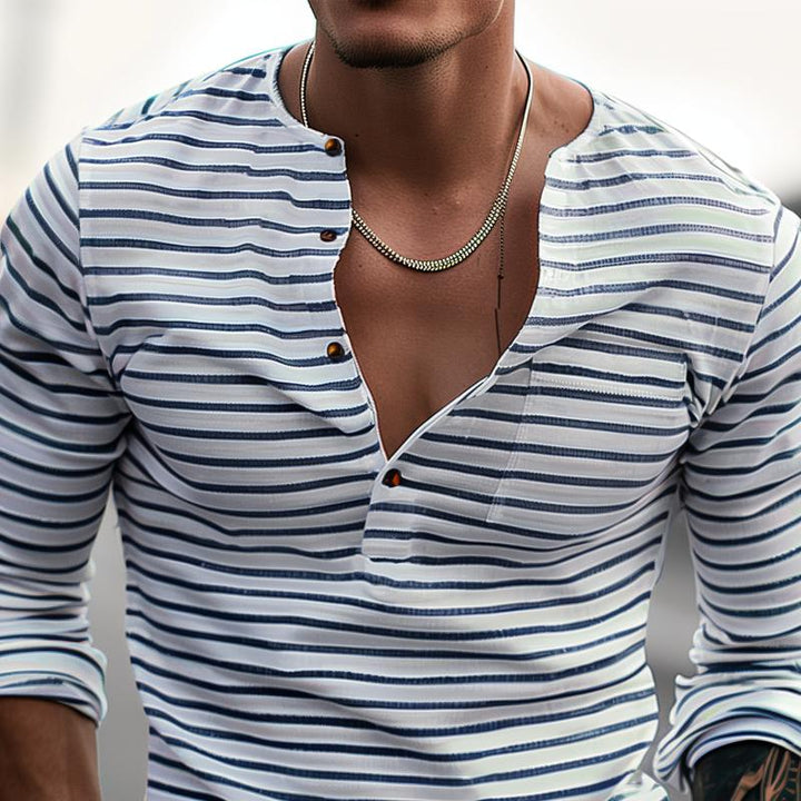 T-Shirt da Uomo a Maniche Lunghe – Colletto Henley e Fantasia a Righe