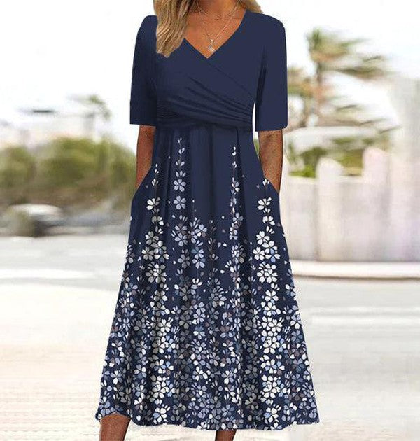 Vestito Midi con Stampa a Tema Piante e Tasche Laterali