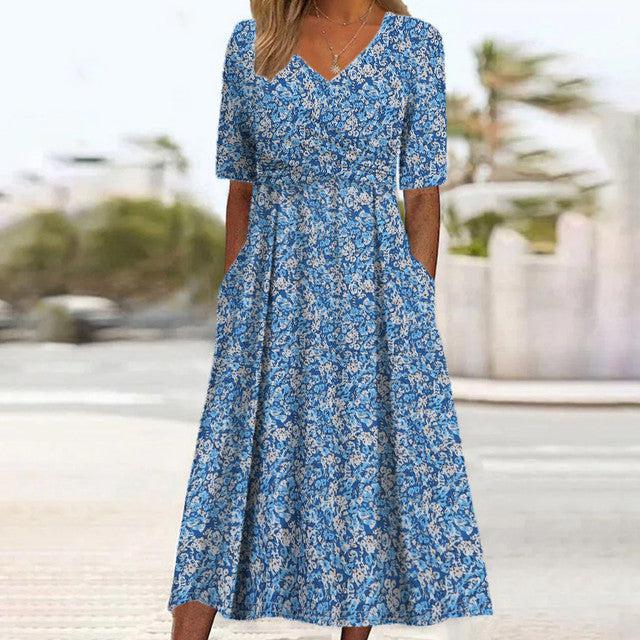 Vestito Midi con Stampa a Tema Piante e Tasche Laterali